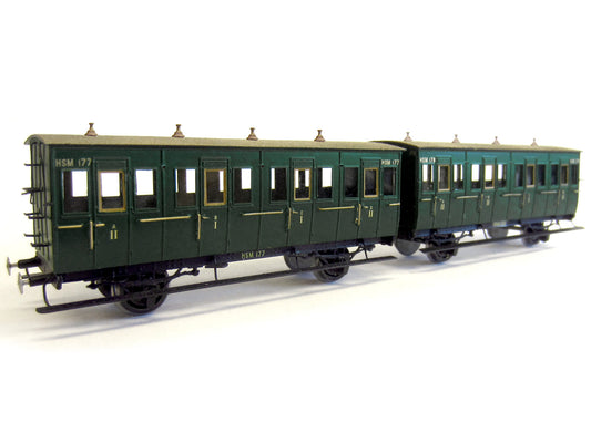 Messing bouwset kortgekoppelde 1e/2e klasse couperijtuigen NS / HSM  Art. M-243