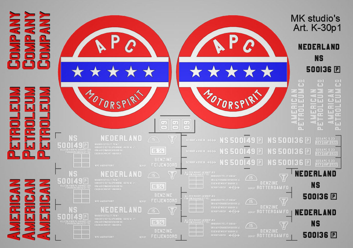 Opschriften voor ketelwagen "A.P.C." NS uitvoering (1921-1936) - Art. T-30p1