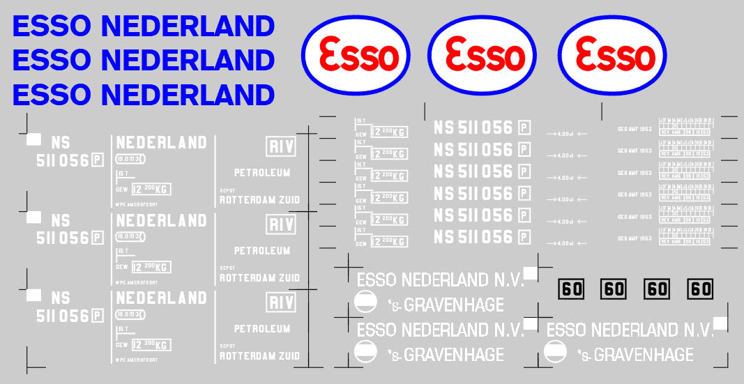 Opschriften voor ketelwagen "Esso", NS uitvoering (1950-1973) - Art. T-30p5