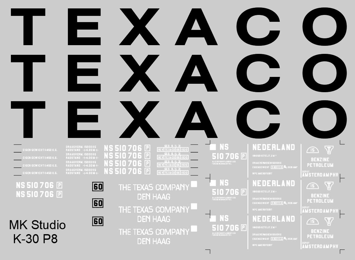 Opschriftenset voor ketelwagen "Texaco"  NS uitvoering (1928-1953) - Art. T-30p8